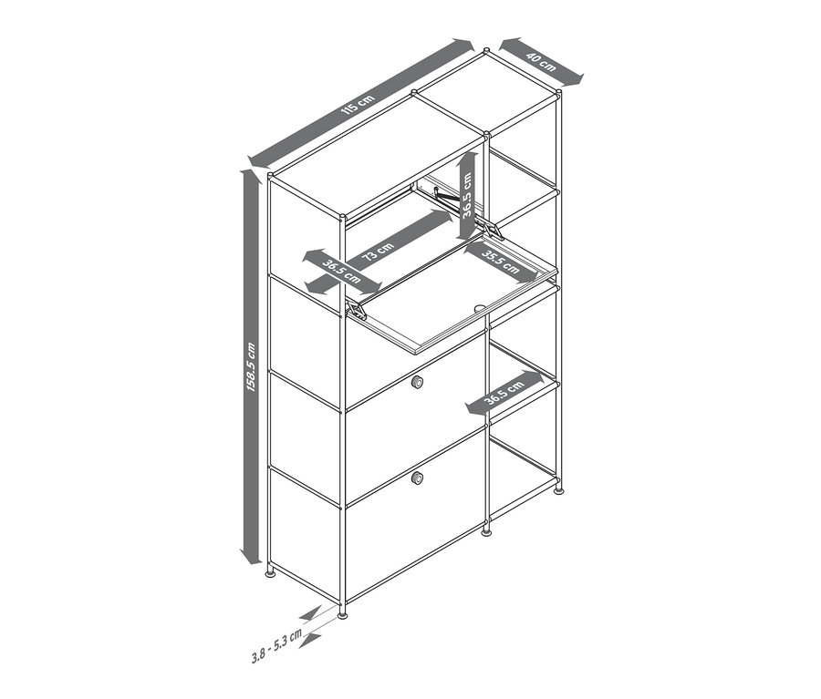Eine Skizze von einem Metallregal »CN3« mit 4 Klappenfächern mit den dazugehörigen Massen.