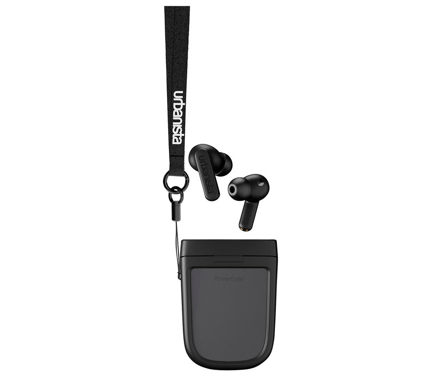 Schwarze Urbanista Phoenix In-Ear Kopfhörer mit Solarladefunktion mit Ladecase und Band.