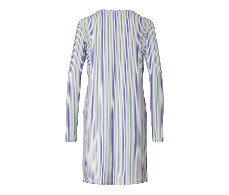Rückansicht eines langärmeligen Nachthemds mit vertikalen lila-, grün- und weiß gestreiften Streifen.