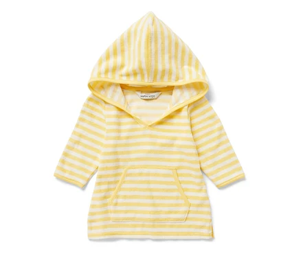 Gestreifter Kinder-Frottierponcho in Gelb und Weiss mit Kapuze und Tasche.