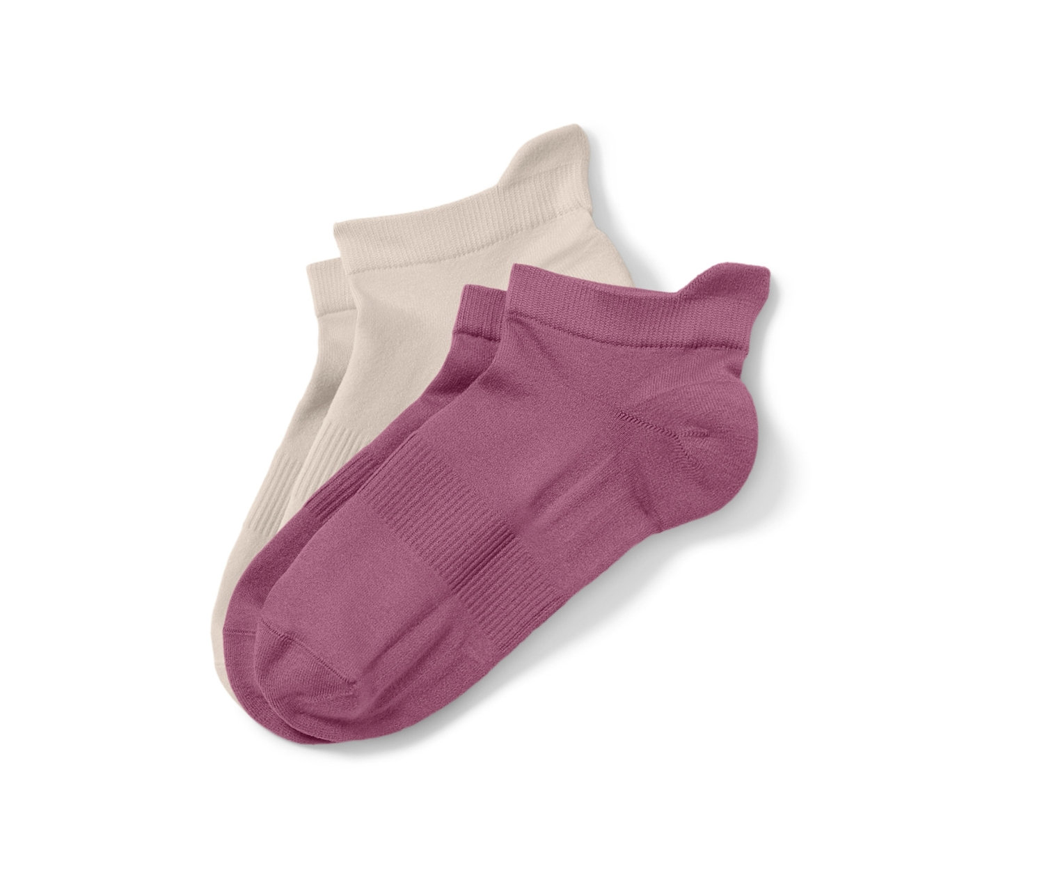 Zwei Paar lila-beige Sportsneaker-Socken.