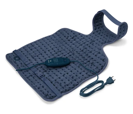 Blaue Heizauflage mit Bedienelement und Netzkabel.