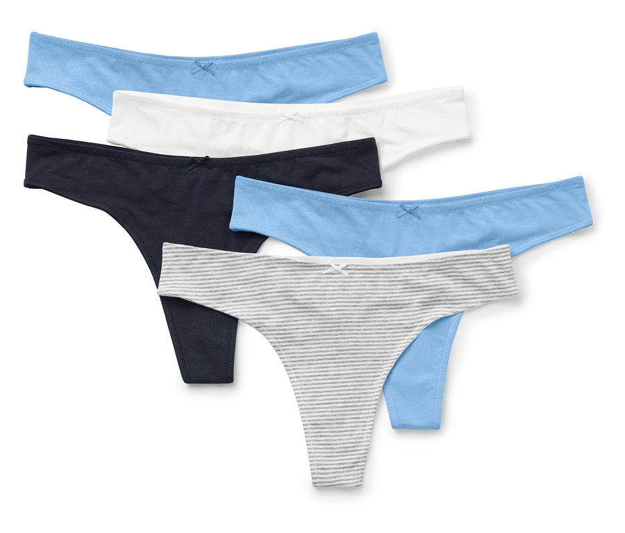 Fünf Damen-Tangas in Blau, Weiß, Dunkelblau und Grau-Weiß gestreift, übereinander liegend.