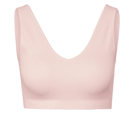 Rosa Sport-BH mit tiefem V-Ausschnitt.