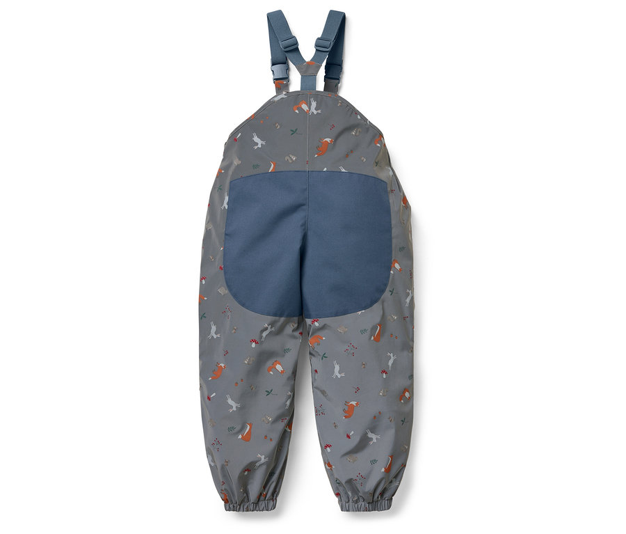 Graue Kinder-Latzhose mit Fuchs-, Vogel- und Pilzprint.