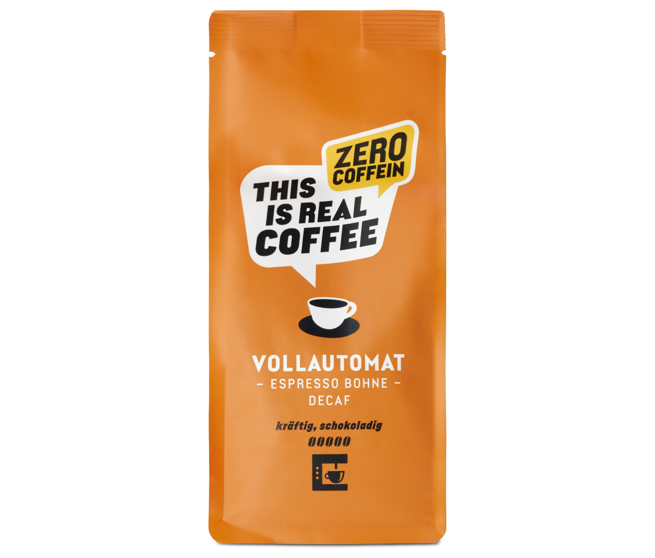 Orange Kaffeeverpackung mit der Aufschrift: "THIS IS REAL COFFEE, ZERO COFFEIN, VOLLAUTOMAT - ESPRESSO BOHNE - DECAF".