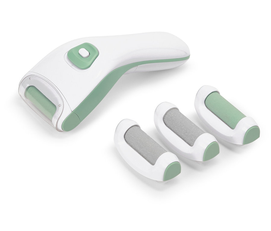 Elektrischer Hornhautentferner in Weiß und Grün mit drei zusätzlichen Rollen.