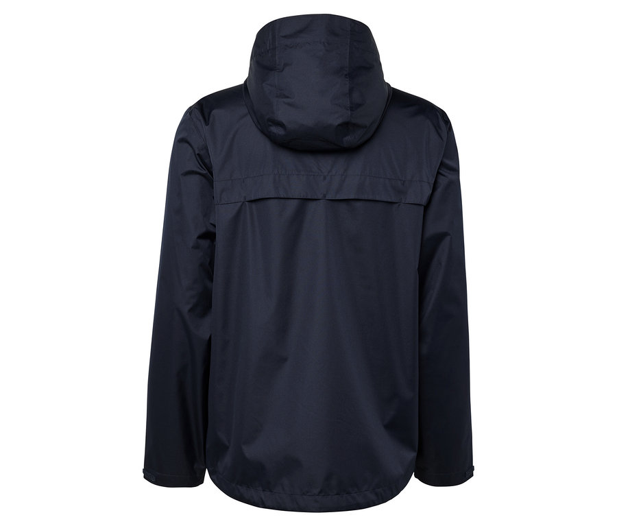 Dunkelblaue Jacke mit Kapuze von hinten.