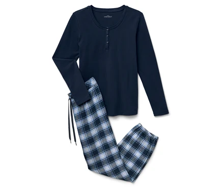 Marineblauer Schlafanzug mit langem Arm und karierte Hose.