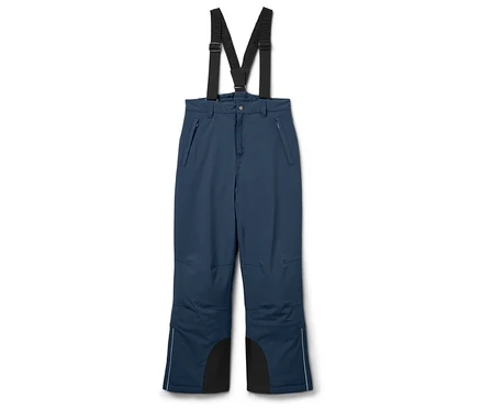 Blaue Skihose mit schwarzen Verstärkungen an den Beinenden und Hosenträgern.