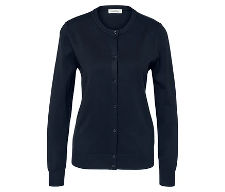 Marineblaue Strickjacke mit Rundhalsausschnitt und Knöpfen.