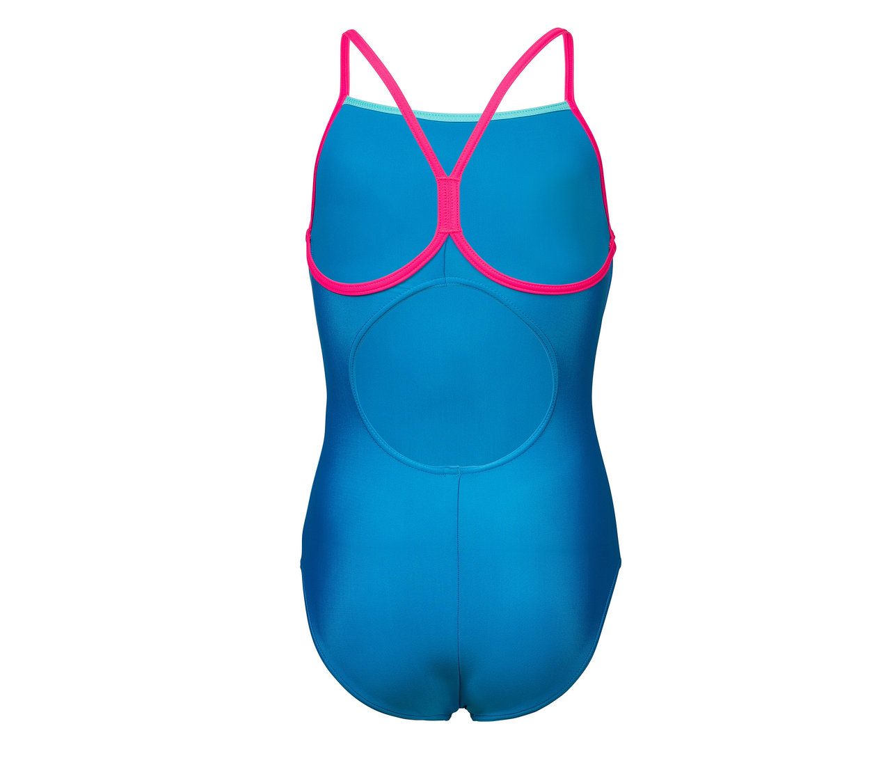 Blauer arena Feel Kinder-Badeanzug Light Drop Back Solid mit pinken Trägern.