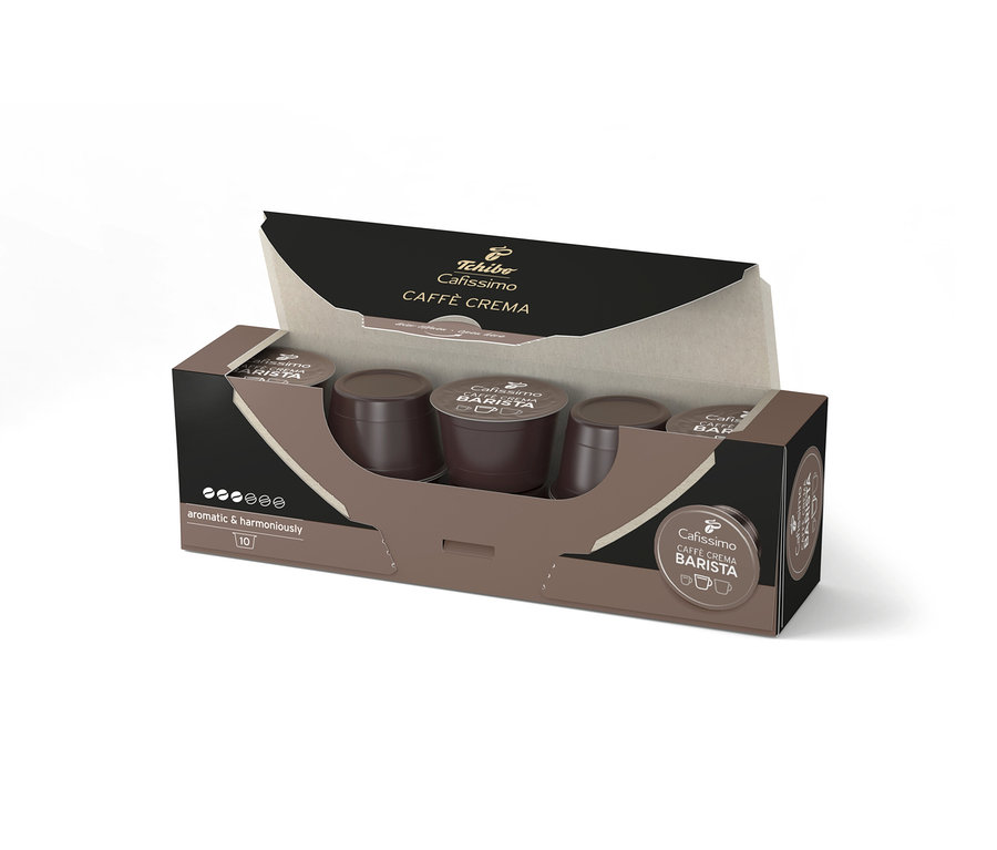 Eine geöffnete Packung Cafissimo BARISTA Caffè Crema Kapseln, 10 Stück sichtbar.