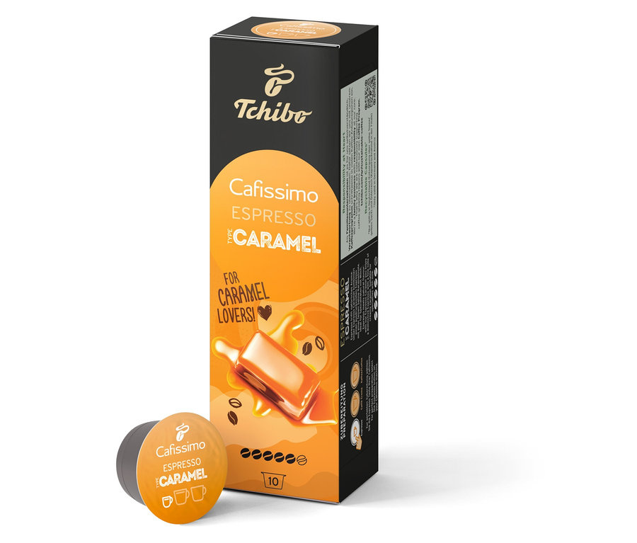 Eine Packung Cafissimo Flavoured Edition – Espresso Caramel mit zehn Kapseln.