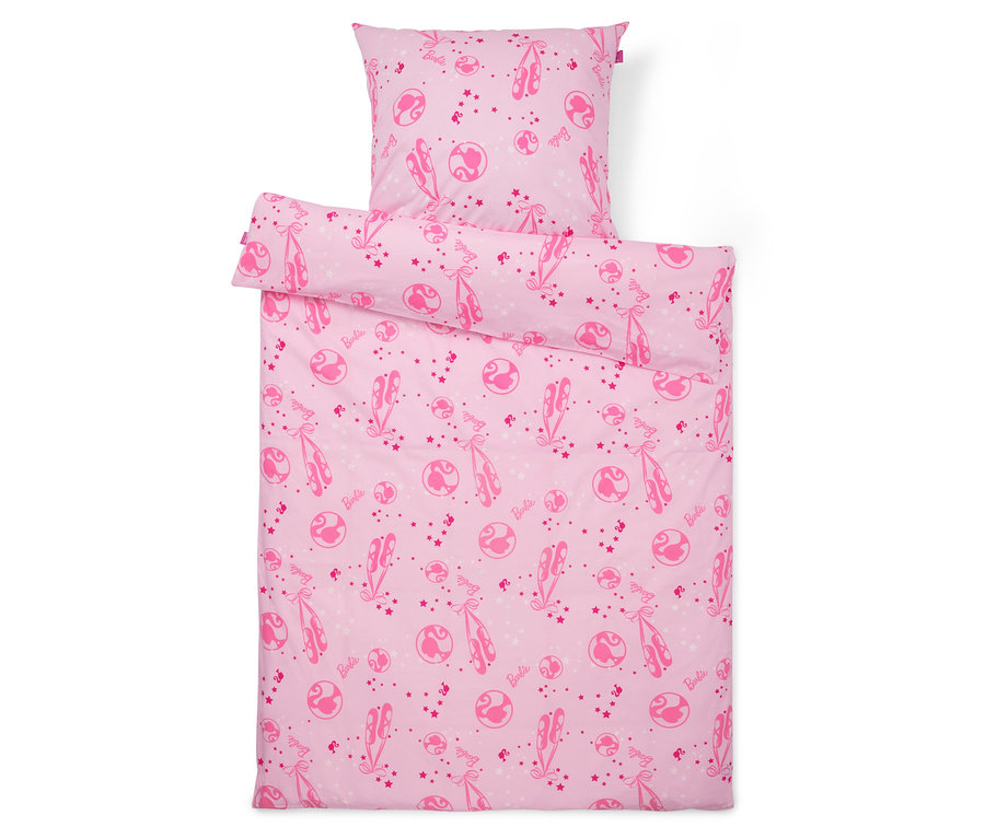 Rosa Bettwäsche mit Ballerinen und Planeten.