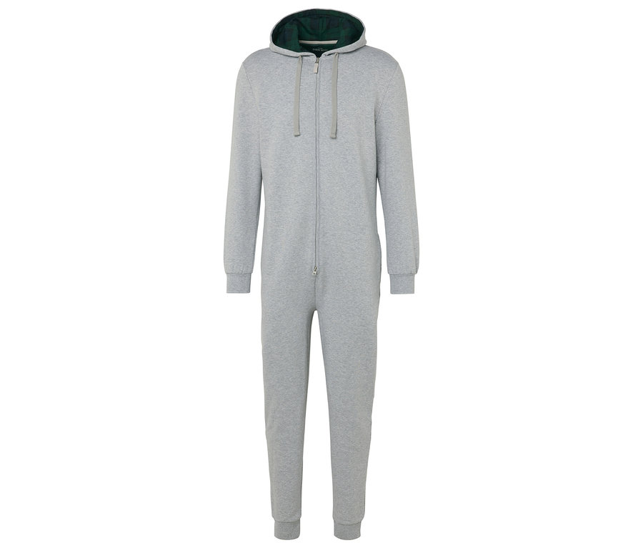 Ein grauer Overall mit Kapuze und grünem Kapuzenfutter.
