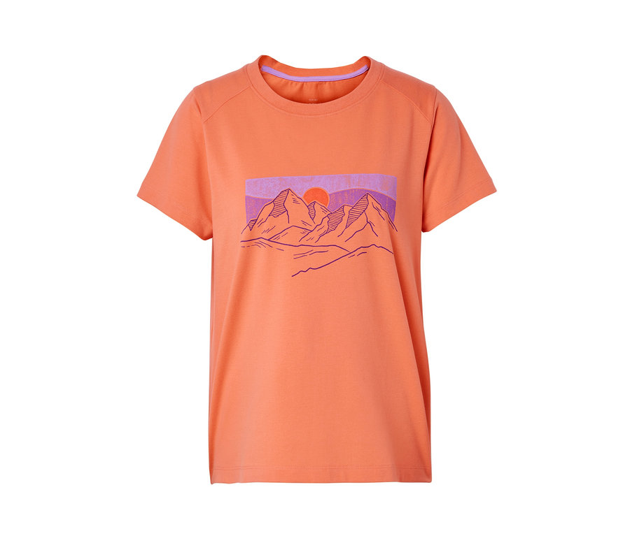 Orangefarbenes T-Shirt mit Berg- und Sonnenaufgangs-Print.