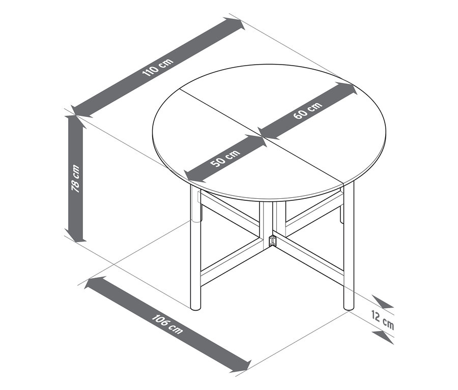 Draufsicht eines runden Tisches mit Maßen: 110 cm Länge, 78 cm Höhe, Tischplatte 50 x 60 cm, 106 cm Breite und 12 cm Abstand.