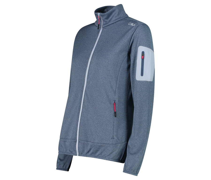 Graue CMP-Fleecejacke mit durchgehendem Reißverschluss und Reißverschlusstasche am Ärmel.