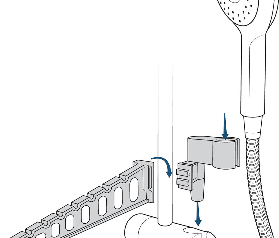 Illustration eines 2-in-1 Wäschetrockners und -auslüfters, der an einer Duschstange befestigt ist.