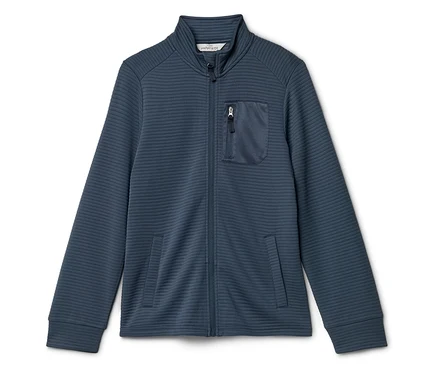 Blaue, lange Jacke mit Reißverschluss, Stehkragen und Brusttasche mit Reißverschluss.