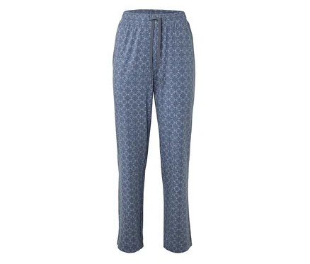 Graue, lange Hose mit Kordelzug und geometrischem Muster.
