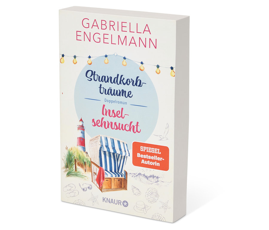 Cover des Buches "Strandkorbträume - Inselsehnsucht" von Gabriella Engelmann, Knaur Verlag. Im Hintergrund ein Leuchtturm und ein Strandkorb.