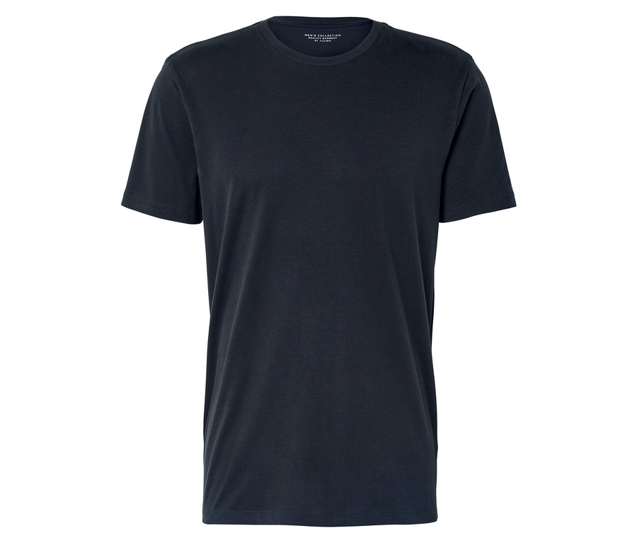 Dunkelblaues T-Shirt mit Rundhalsausschnitt liegt flach.