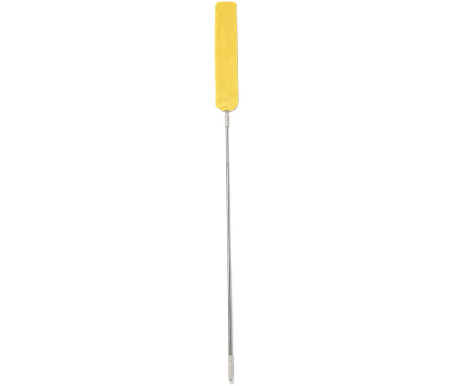 Gelber Staubwedel mit silbernem Griff auf weißem Hintergrund.