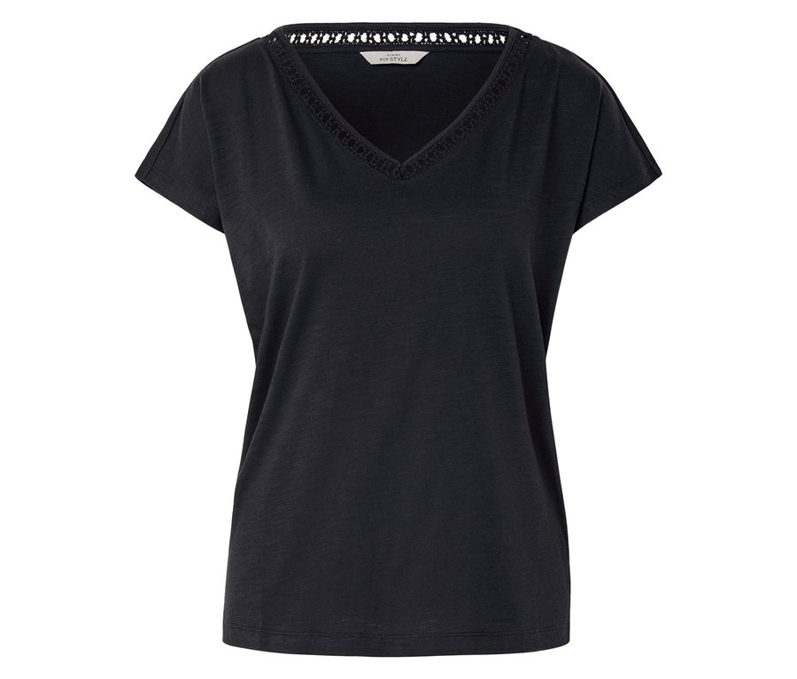 Schwarzes T-Shirt mit V-Ausschnitt und Spitzenbesatz.