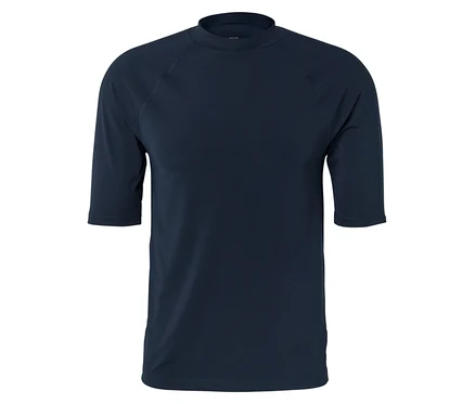 Marineblaues T-Shirt mit Rundhalsausschnitt und halben Ärmeln vor einem weißen Hintergrund.