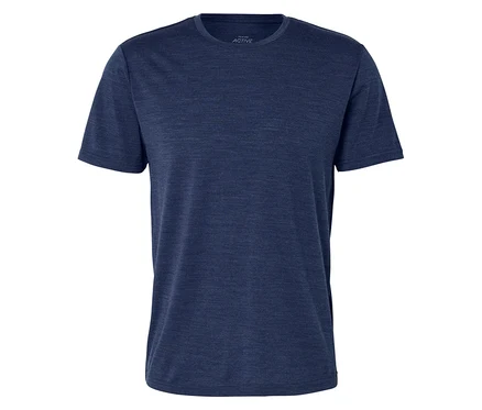 Dunkelblaues, meliertes T-Shirt mit Rundhalsausschnitt und kurzen Ärmeln.