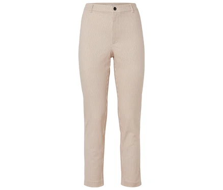 Beige-weiß gestreifte Hose mit Knopf.