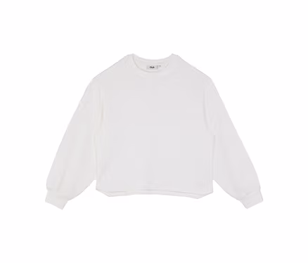 Weißes Langarm-Sweatshirt mit Rundhalsausschnitt, kleinem dunklen 'FILA'-Logo auf der linken Brust und gerafften Bündchen.