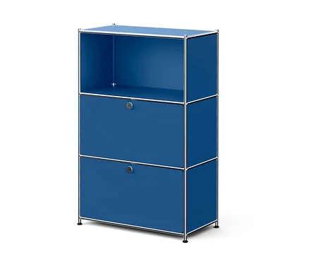 Blaues modulares Aufbewahrungsmöbel mit Chromrahmen. Es hat ein offenes Fach oben und zwei geschlossene Schubladen mit runden Chromgriffen unten.