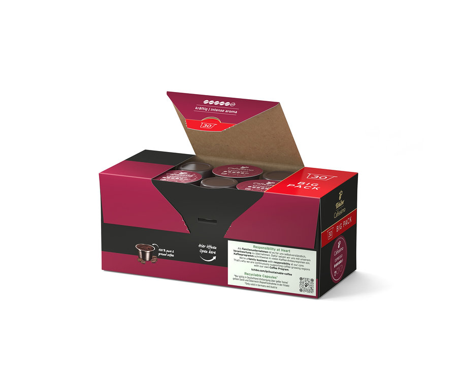 Offene, dunkelrote und schwarze Cafissimo Schachtel mit 30 Espresso kräftig Kapseln. Mehrere dunkle Kapseln sind sichtbar.