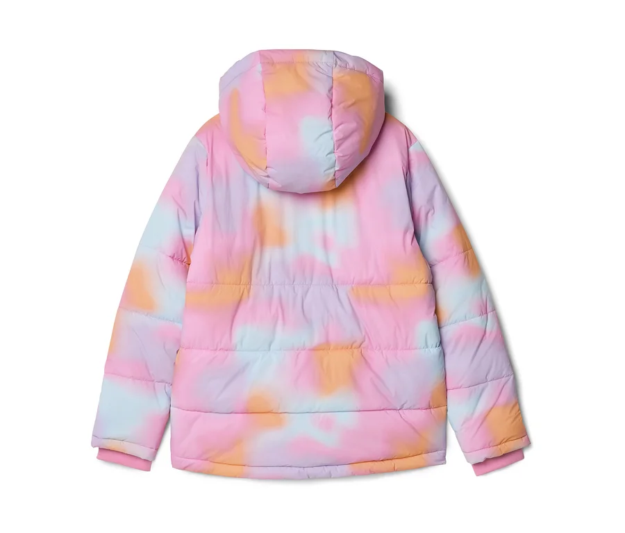 Rückenansicht einer Steppjacke mit pinkem, orangefarbenem, hellblauem und lila Batikmuster, mit Kapuze und gerippten Bündchen.