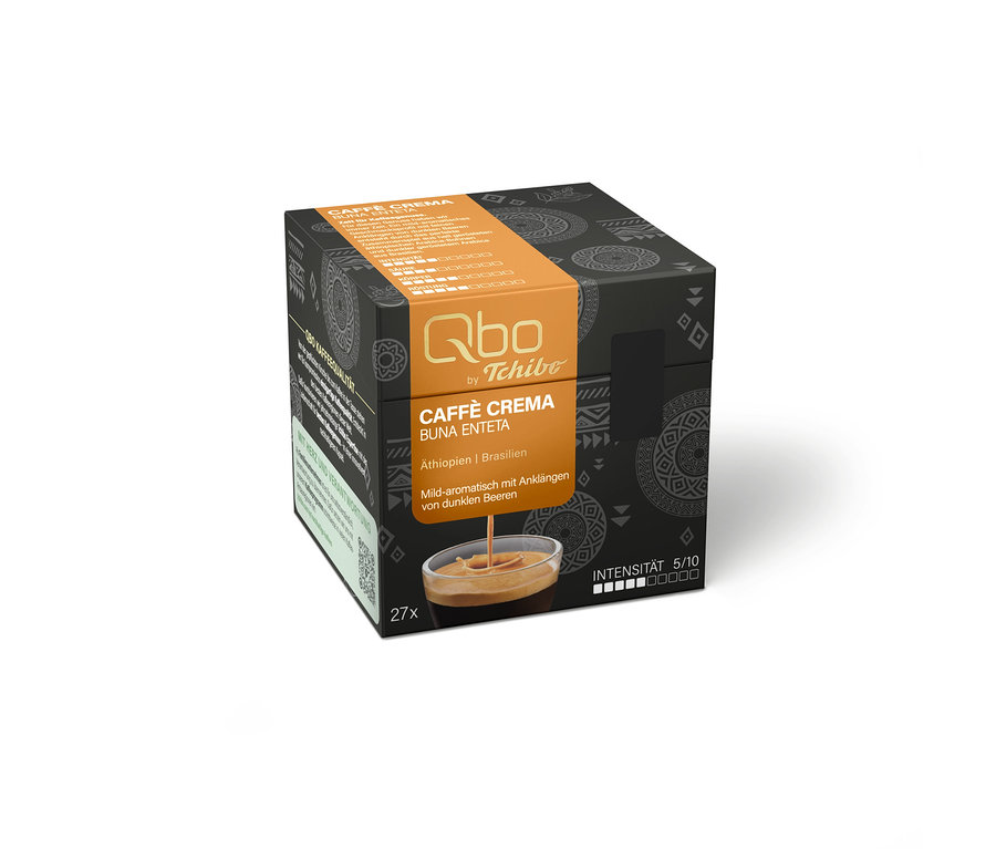Schwarze Qbo by Tchibo Caffè Crema Buna Enteta Kaffeekapselbox mit orangefarbenem Band, Aufschrift Äthiopien/Brasilien, Intensität 5/10 und 27 Kapseln.
