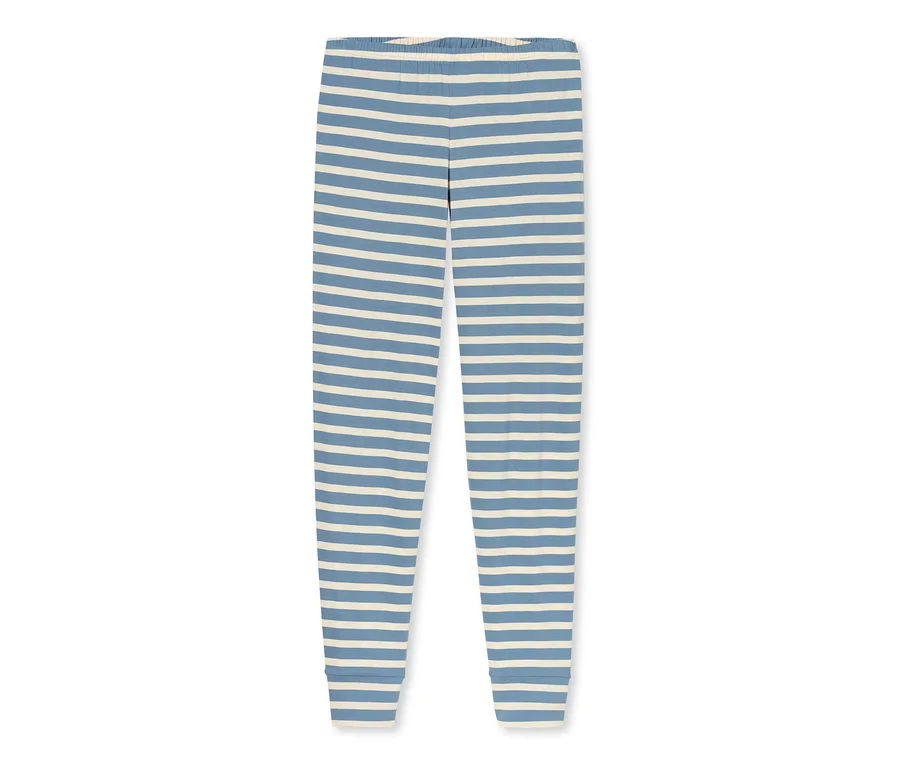 Blau-weiß gestreifte Leggings mit Gummibund und Rippbündchen.