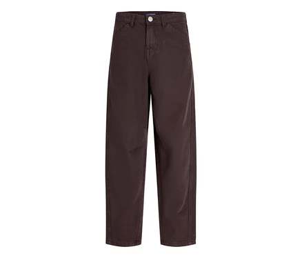 Dunkelbraune Jack&Jones Twist Hose mit weitem Bein und Knopfverschluss.