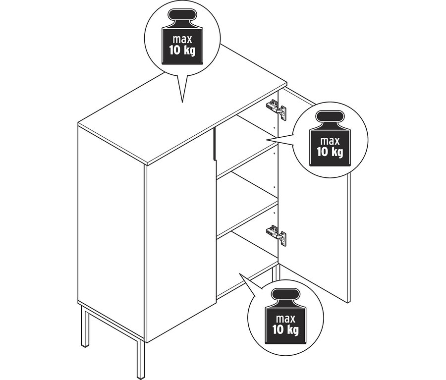 Strichzeichnung eines Highboards mit 2 Türen. Die rechte Tür ist geöffnet und zeigt zwei Regalböden. Ein Gewichtssymbol mit „max 10 kg“ weist auf die Oberseite und jeden Regalboden hin.