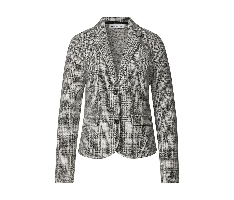 Street One Blazer in Grau-Weiß mit Hahnentrittmuster, zwei schwarzen Knöpfen und zwei Vordertaschen.