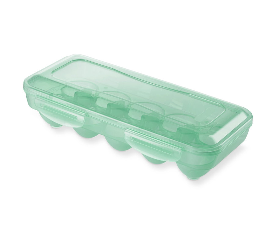 Eine geschlossene, durchsichtige, grüne Eier-Aufbewahrungsbox.