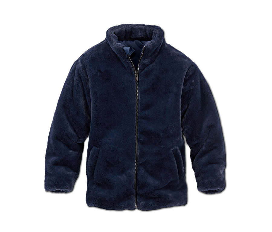 Eine marineblaue Kunstfelljacke mit Reißverschluss vorne.