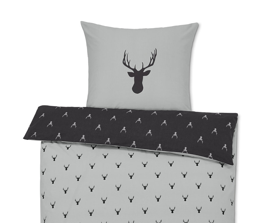 Graue Renforcé-Bettwäsche mit schwarzen Hirschsilhouetten.