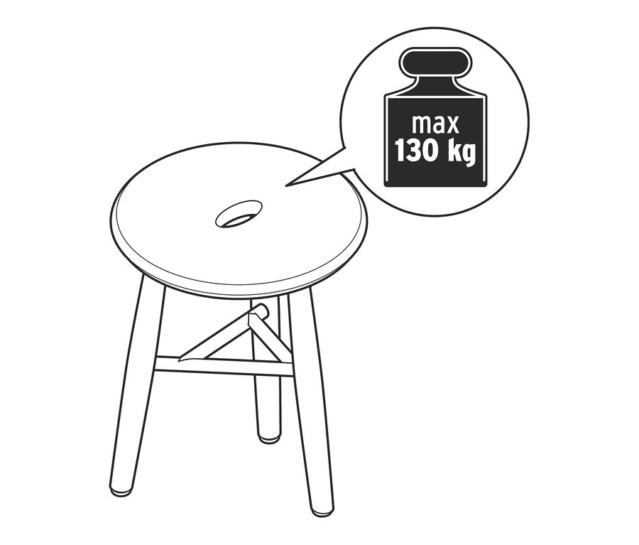 Skizze eines dreibeinigen Hockers mit rundem Sitz und einer Tragkraft von bis zu 130 kg.