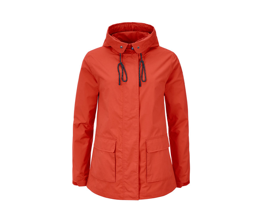 Orange Allwetterjacke mit Kapuze und Kordelzug.