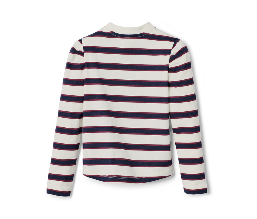 Kinder-Langarmshirt mit cremefarbenen und marineblauen Streifen.