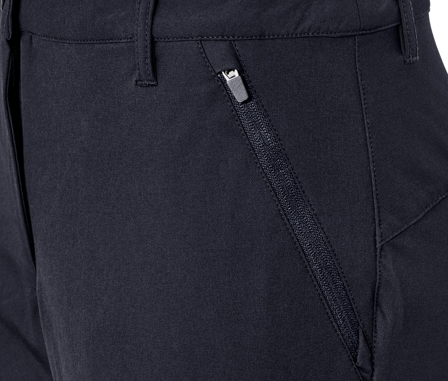 Detailansicht einer Softshell-Hose mit Reißverschlusstasche.