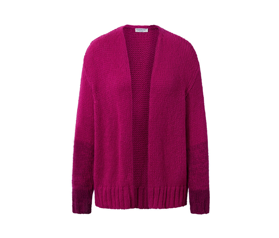 Ein offener, fuchsiafarbener Oversized-Cardigan mit Wolle.
